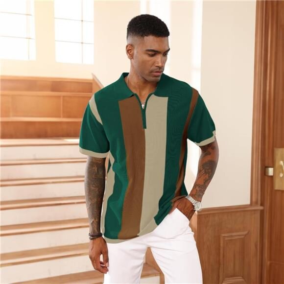 Men's Fashion Polo Shirts Vintage Striped Green - Picture 2 of 6
